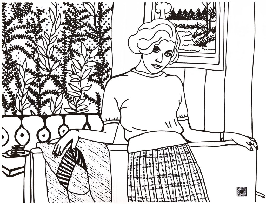Black and white coloring sheet with Audrey Horne
