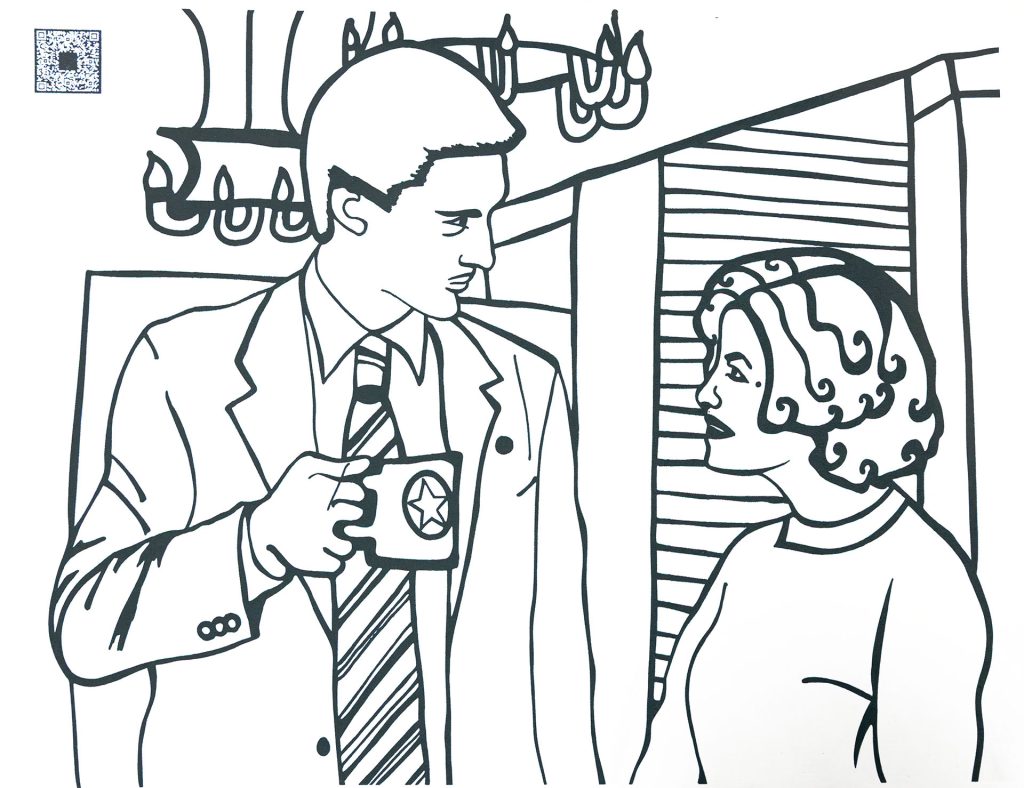 Black and white coloring sheet with Cooper and Audrey