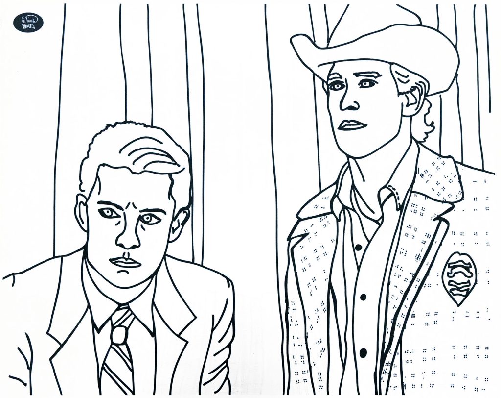 Black and white coloring sheet with Cooper and Truman