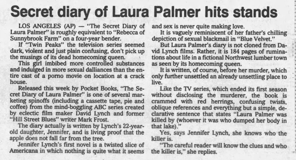 Newspaper article about "Secret Diary of Laura Palmer."
