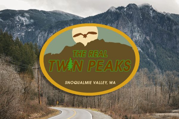 Real Twin Peaks logo against a backdrop of Mount Si in Snoqualmie, Washington