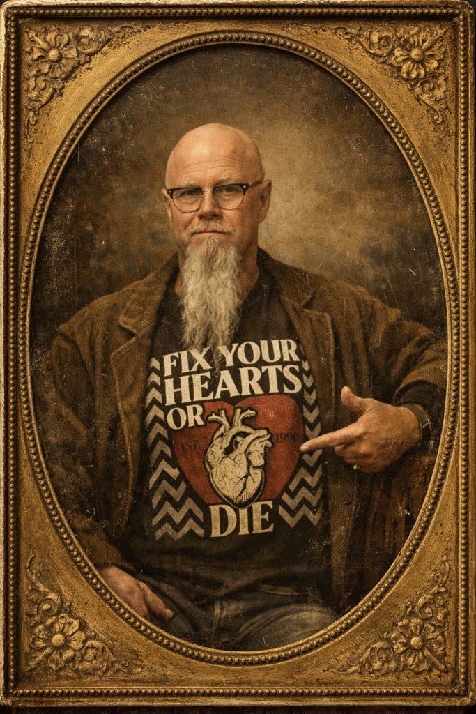 Jeff Warren wearing a "Fix Your Hearts or Die" t-shirt in a gold frame