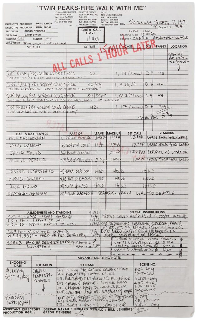 Call sheet for Twin Peaks: Fire Walk With Me