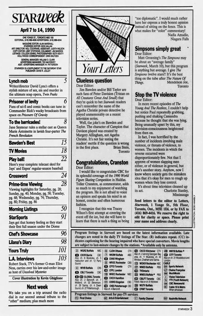 Table of Contents from The Toronto Star's Starweek from April 7-14, 1990 