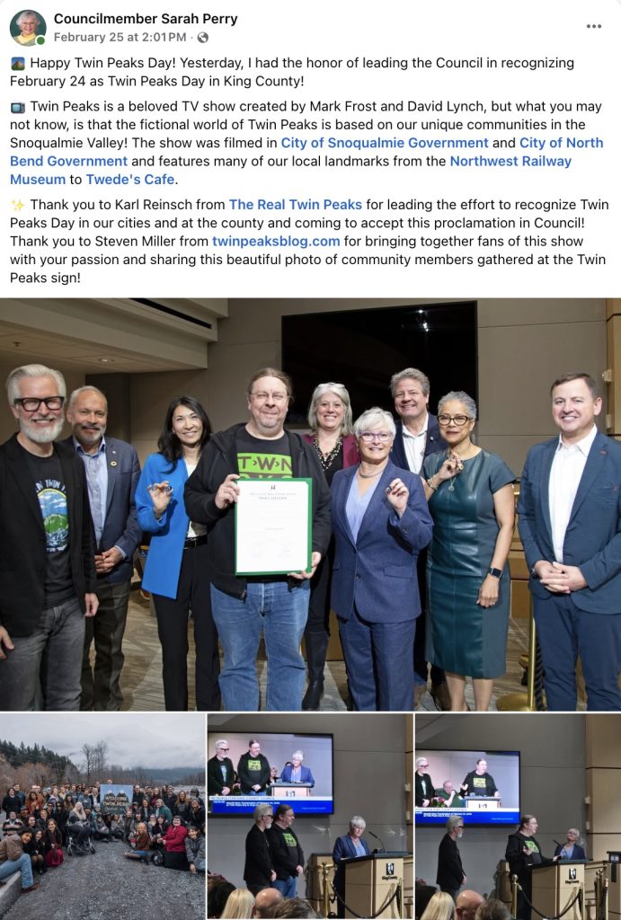 Facebook post from District 3 Councilmember Sarah Perry about Twin Peaks Day