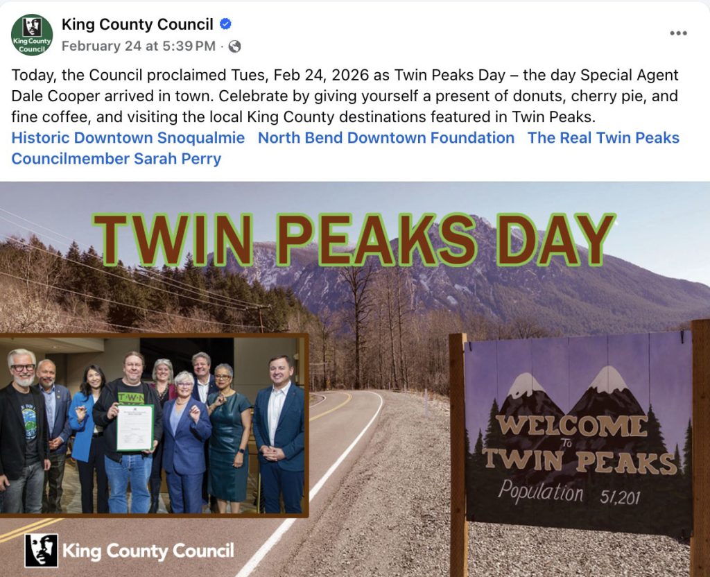 Facebook post from King County Council about Twin Peaks Day