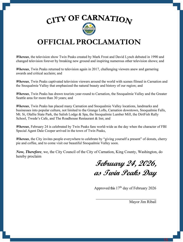 Twin Peaks Day proclamation from Carnation, Washington