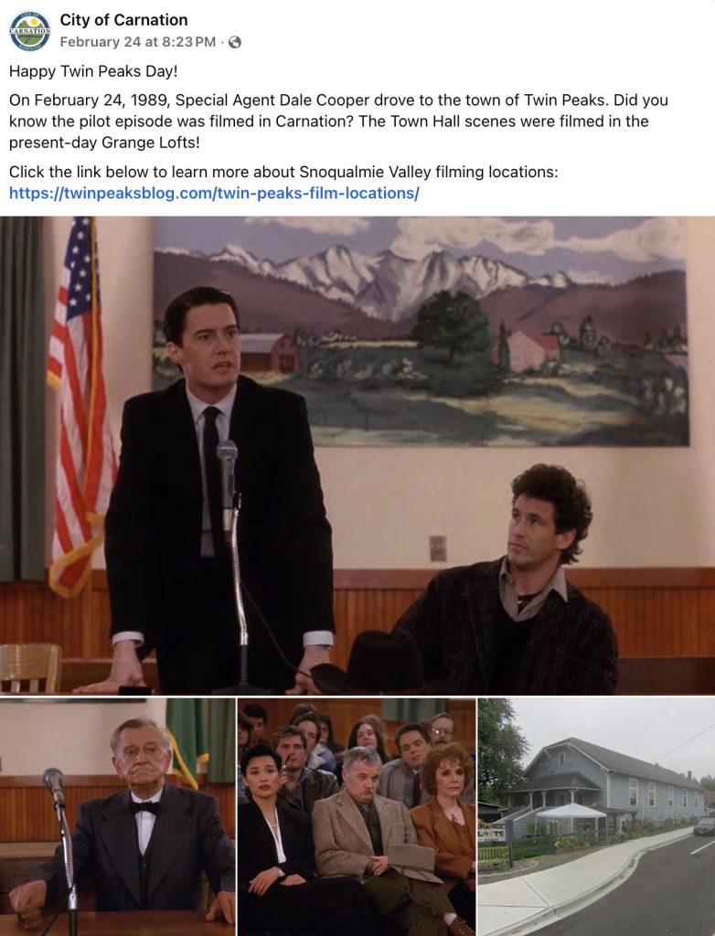 Facebook post about Twin Peaks Film Locations in Carnation
