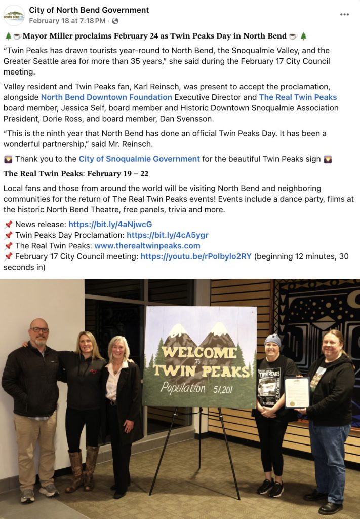 Facebook post about Twin Peaks Day proclamation from City of North Bend Government