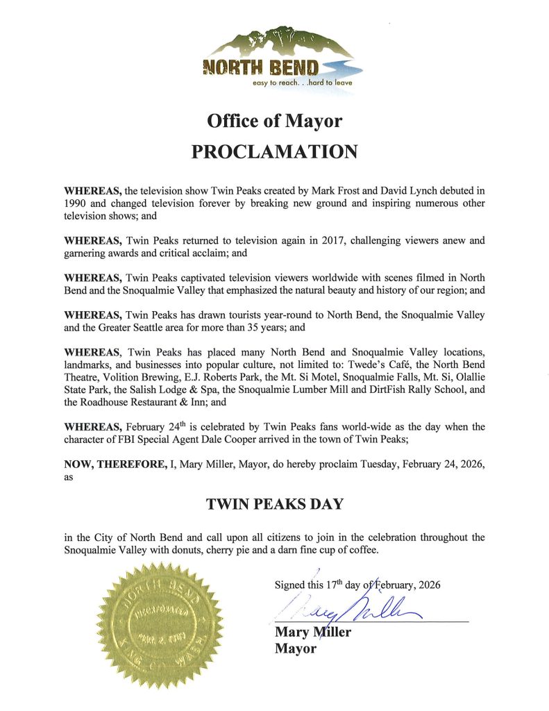 Twin Peaks Day proclamation for City of North Bend