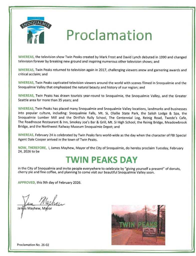 Twin Peaks Day Proclamation for City of Snoqualmie Government