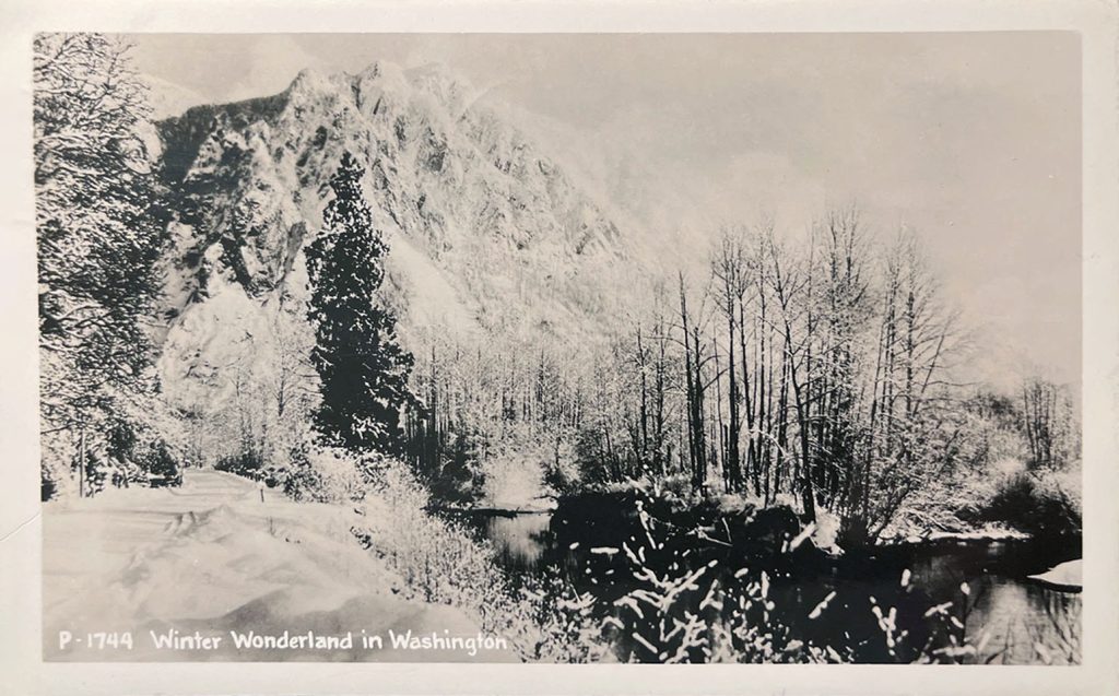 Postcard of Snow covered Mount Si and Reinig Road photograph by Clark Kinsey