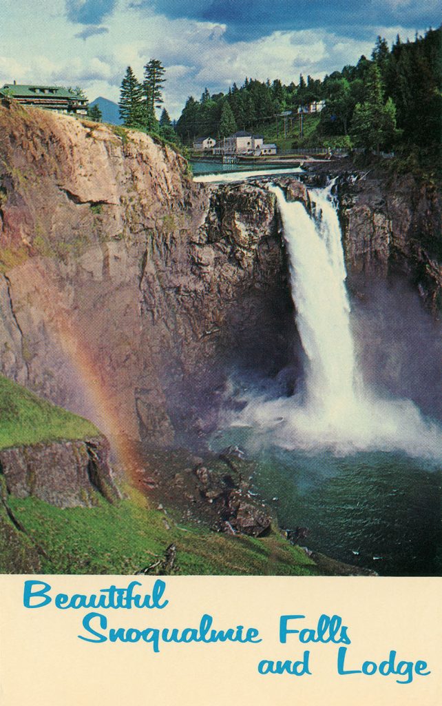 Front of a postcard of Snoqualmie Falls and Snoqualmie Falls Lodge