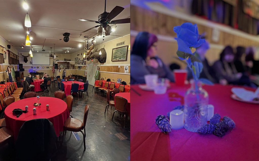 Interior of the Moose Lodge and a blue rose in a vase