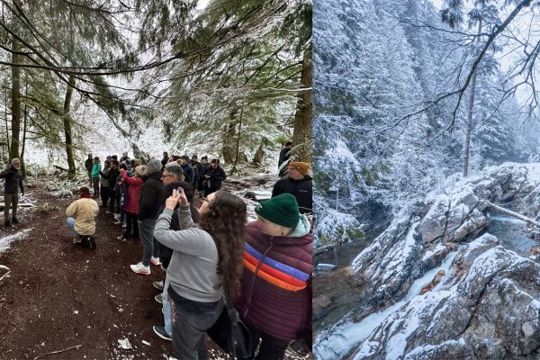 Steven with Tour Group and Weeks Falls in winter