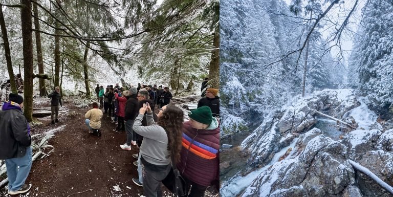 Steven with Tour Group and Weeks Falls in winter