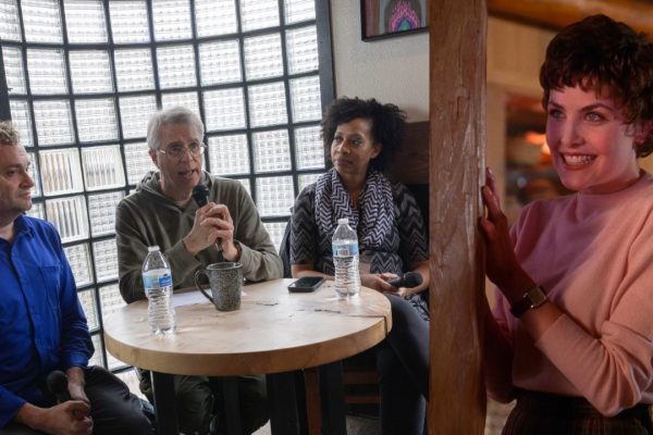 Three people around a table and Audrey Horne from the Twin Peaks Pilot