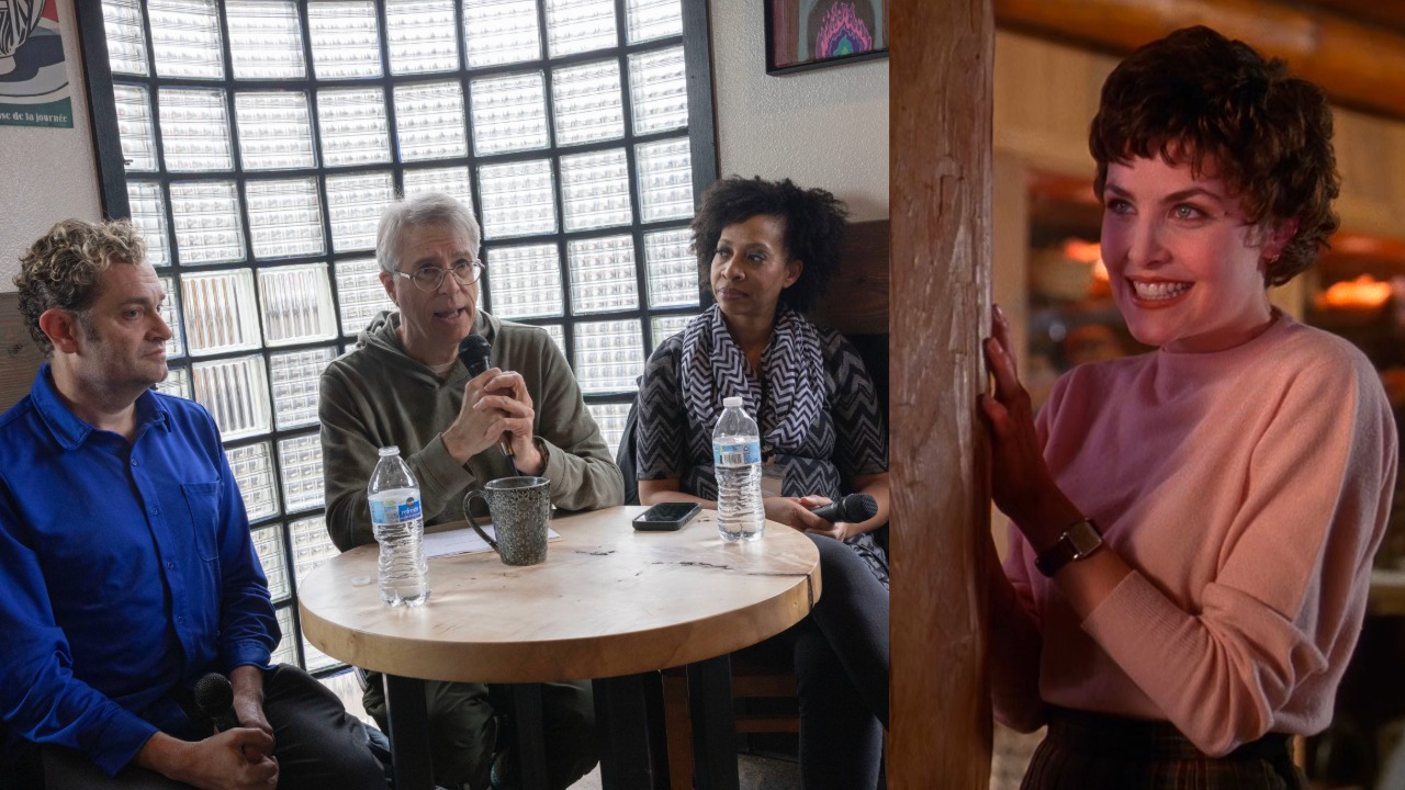 Three people around a table and Audrey Horne from the Twin Peaks Pilot