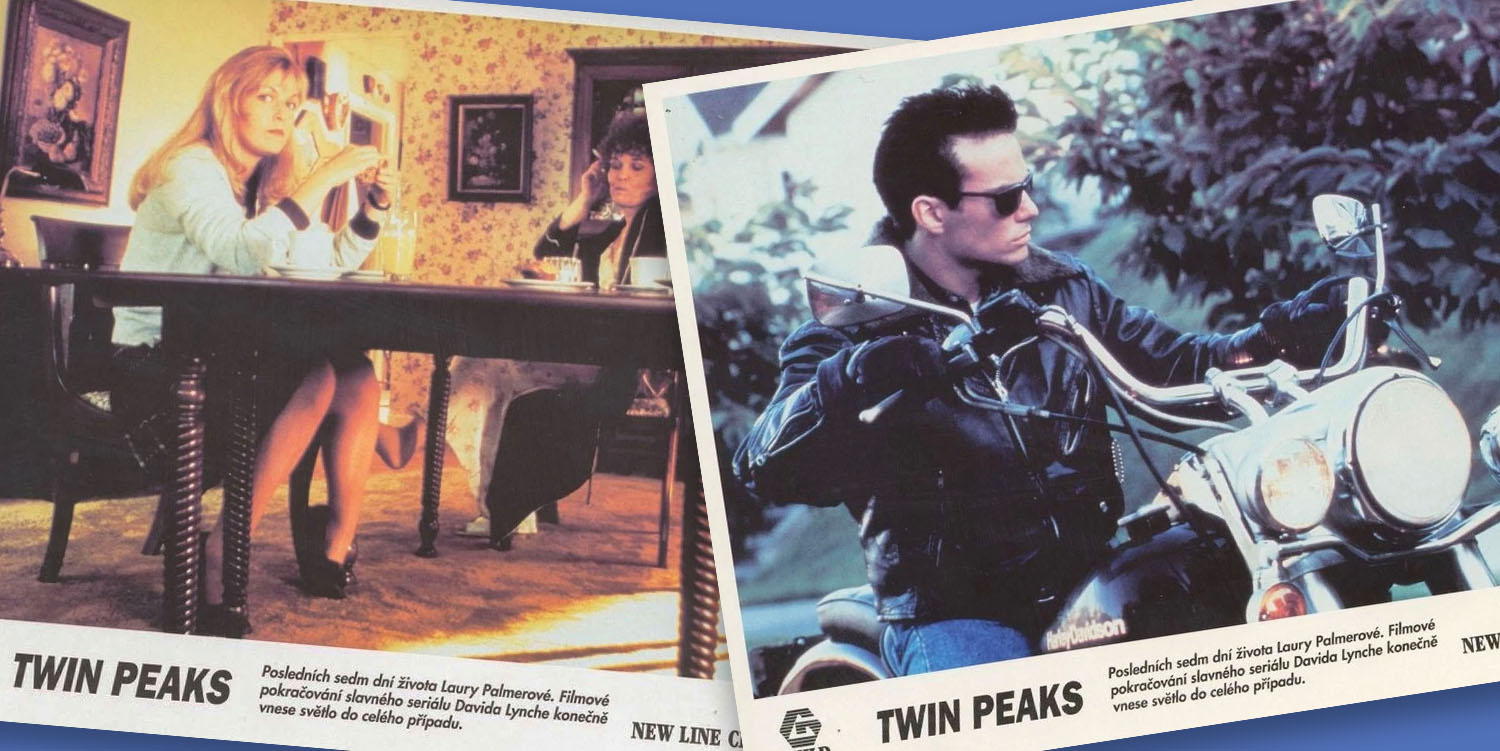 Two publicity photos from Twin Peaks: Fire Walk With Me of Sarah and Laura Palmer and James Hurley on his motorcycle