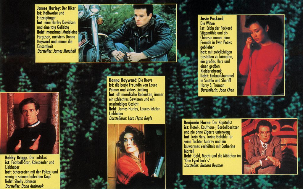 Character profiles for Bobby Briggs, James Hurley, Donna Hayward, Josie Packard, and Ben Horne