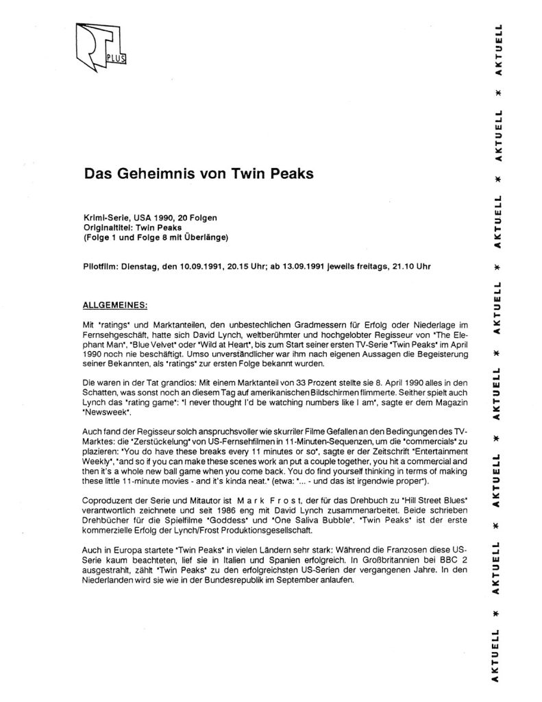 Twin Peaks press release
