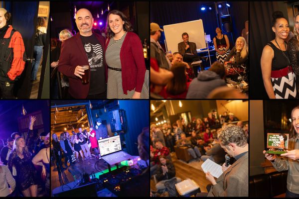 Image collage with people at the Ultimate Trivia Contest and Damn Fine Dance Party