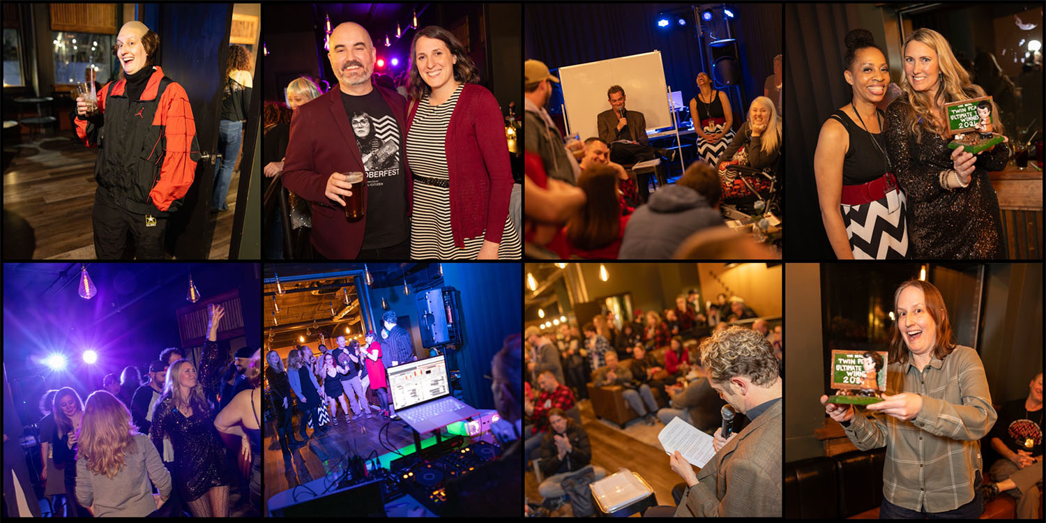 Image collage with people at the Ultimate Trivia Contest and Damn Fine Dance Party