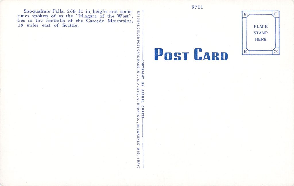 Back of Snoqualmie Falls postcard by E.C. Kropp, Co.