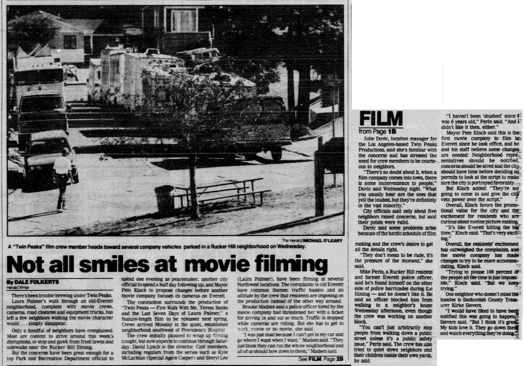 Newspaper article about filming Twin Peaks: Fire Walk With Me