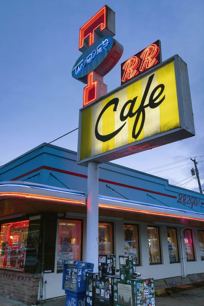 Exterior of Twede's Cafe at Dusk