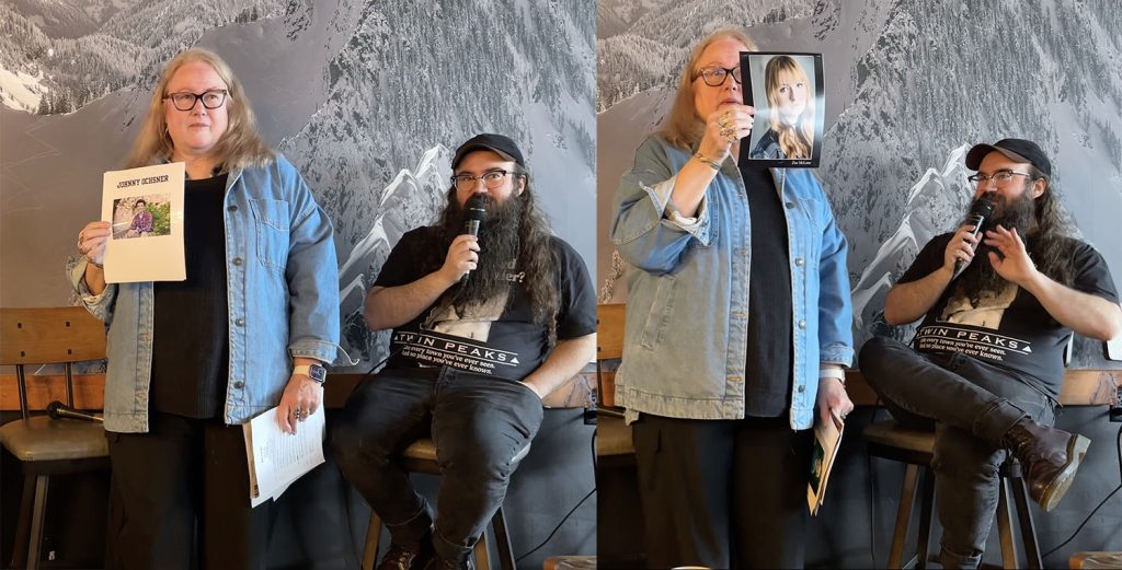 Heidi Walker holding up photos with Vinnie Guidera sitting nearby