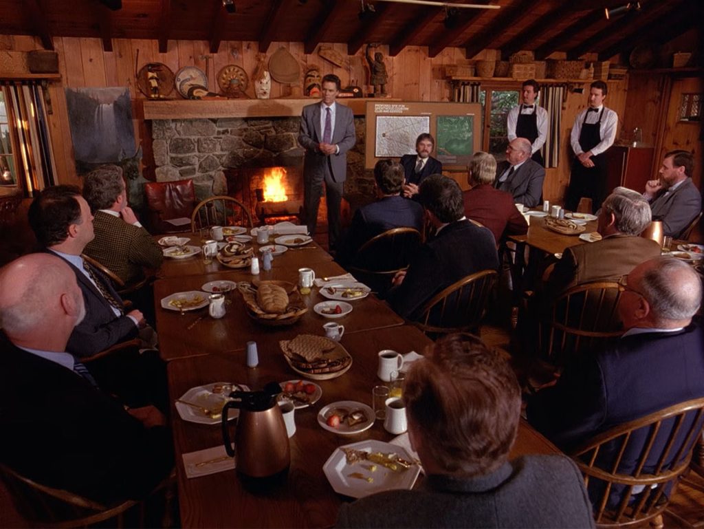 Ben Horne in the dining room addressing the Norwegians