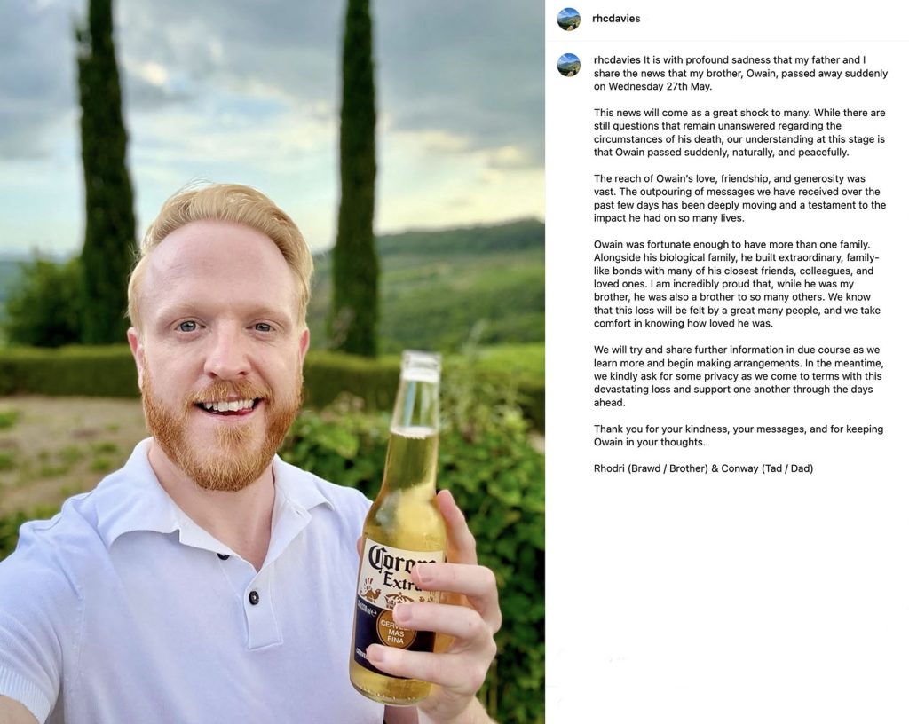 Photo of Owain Rhys Davies holding a beer