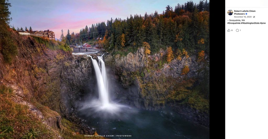 Front of Back of Snoqualmie Falls postcard with a photo by Robert LaSalle Chism