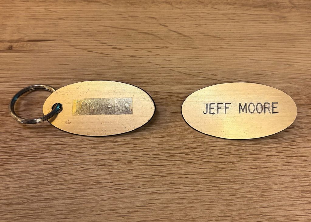 Mr. Tojamura's key and Jeff Moore name tag