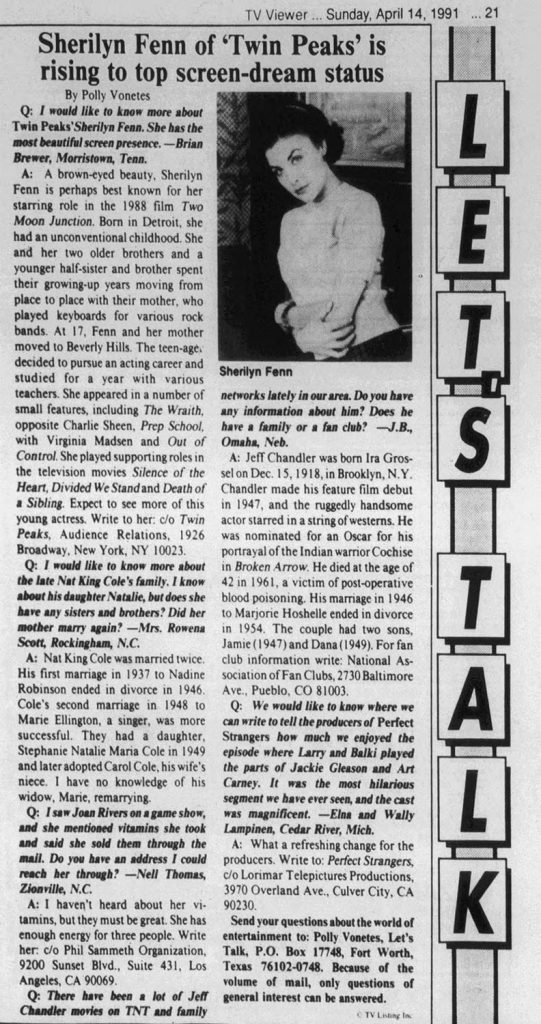 Let's Talk article with Sherilyn Fenn image.