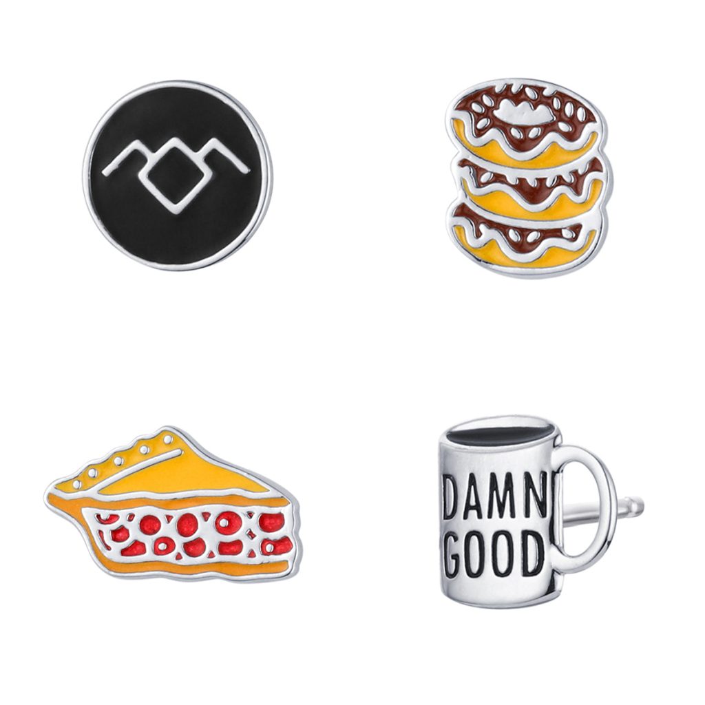 Four Twin Peaks-themed earrings