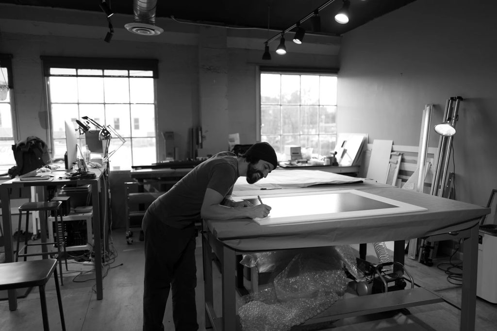 Scott working in his studio in the former Sunset Garage in North Bend, Washington.