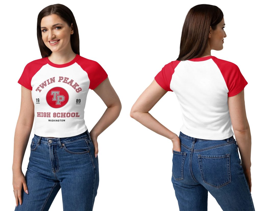 Model wearing Twin Peaks Women’s Raglan Tee High School