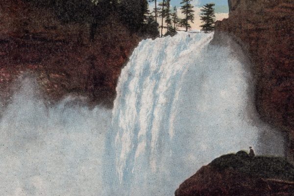 Front of a postcard featuring Snoqualmie Falls