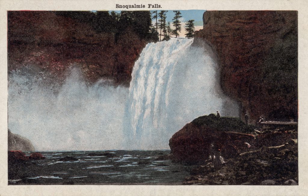 Front of a postcard featuring Snoqualmie Falls