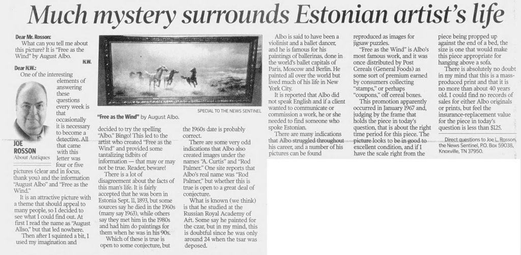 Newspaper article about August Albo