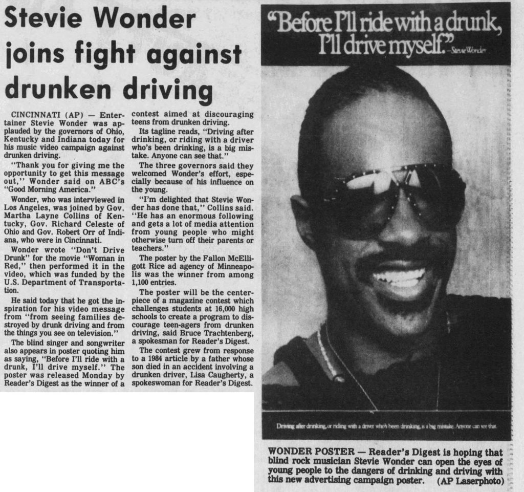 Article about Stevie Wonder Drunk Driving poster