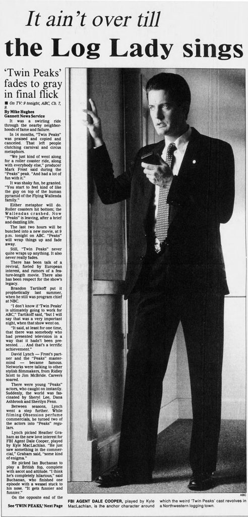 Newspaper article with Special Agent Dale Cooper in a doorway