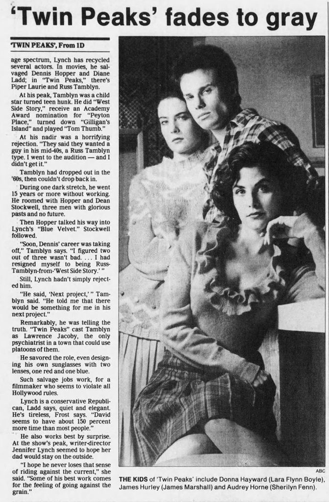 Newspaper article about Twin Peaks with image of James Hurley, Donna Hayward and Audrey Horne