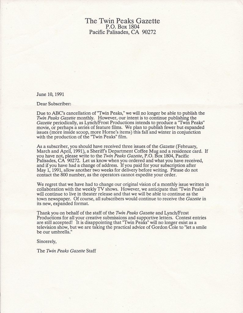 The Twin Peaks Gazette letter