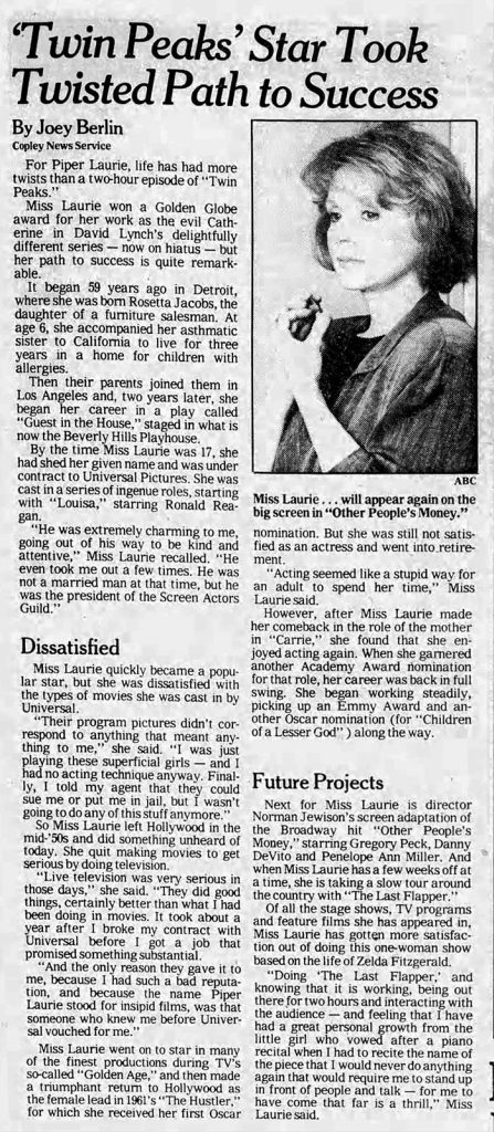 Newspaper article about Piper Laurie