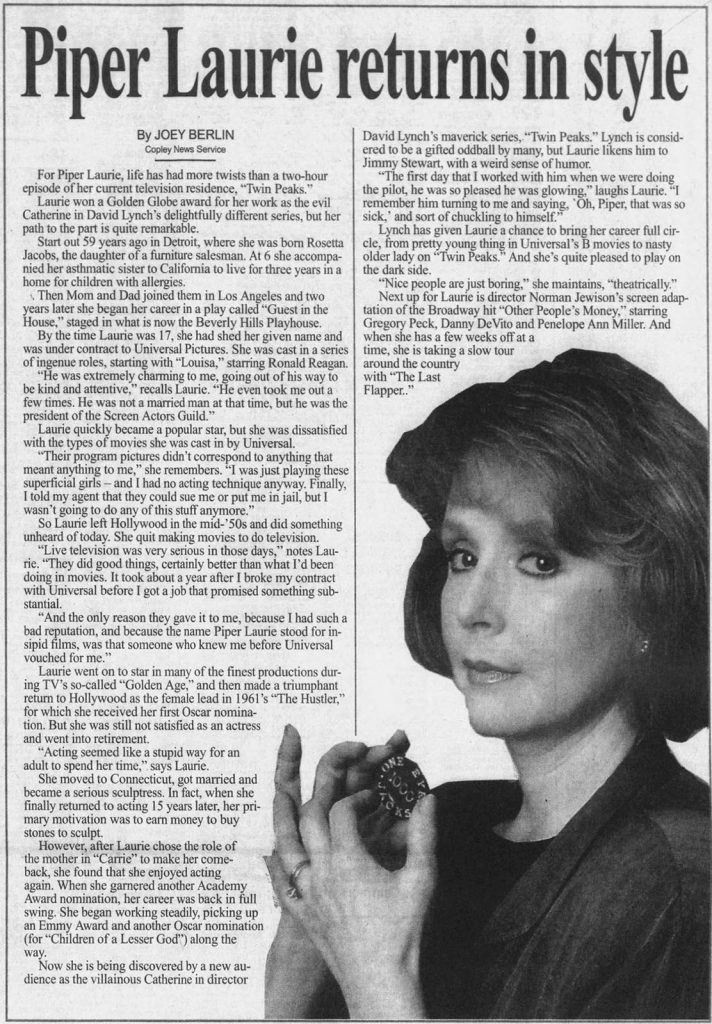 Newspaper article about Piper Laurie