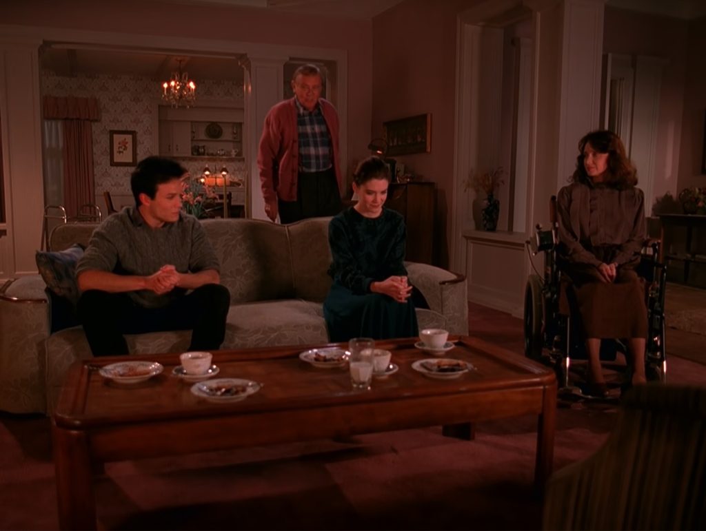 The Hayward family and James Hurley gathered in the living room