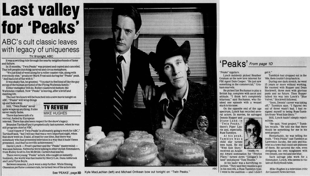 Newspaper article about Twin Peaks with an image of Sheriff Truman and Agent Cooper